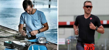 Chris entspannt lächelnd auf seiner Vespa und bei einem Lauf